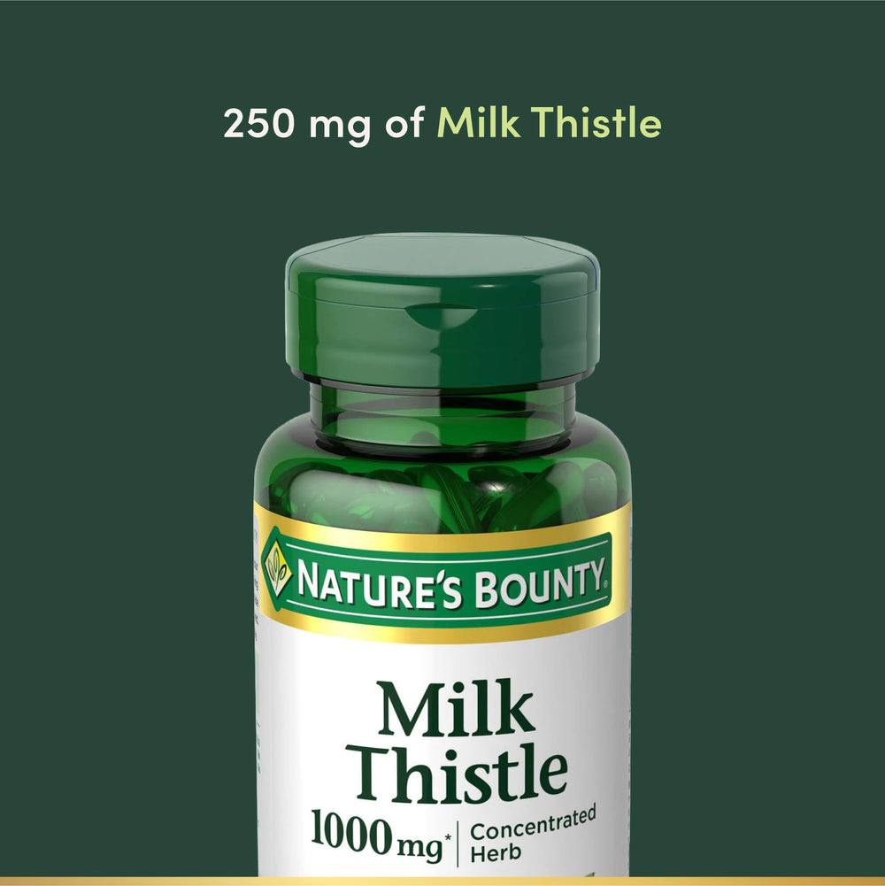 Nature's Bounty Milk Thistle softgels spilled from bottle for quick-release convenience.