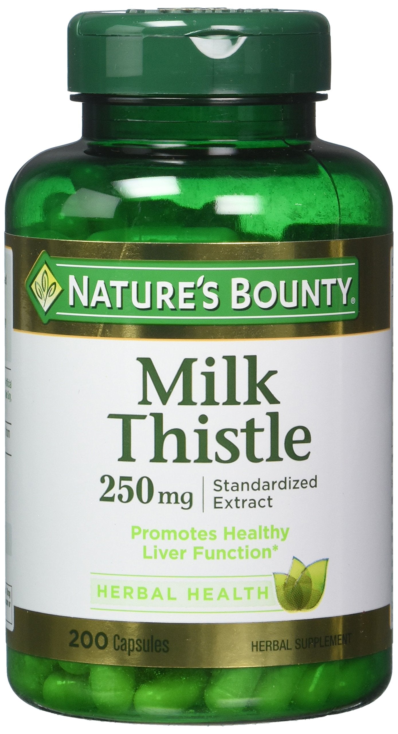 Nature's Bounty milk thistle bottle front view shows capsules - potential liver support