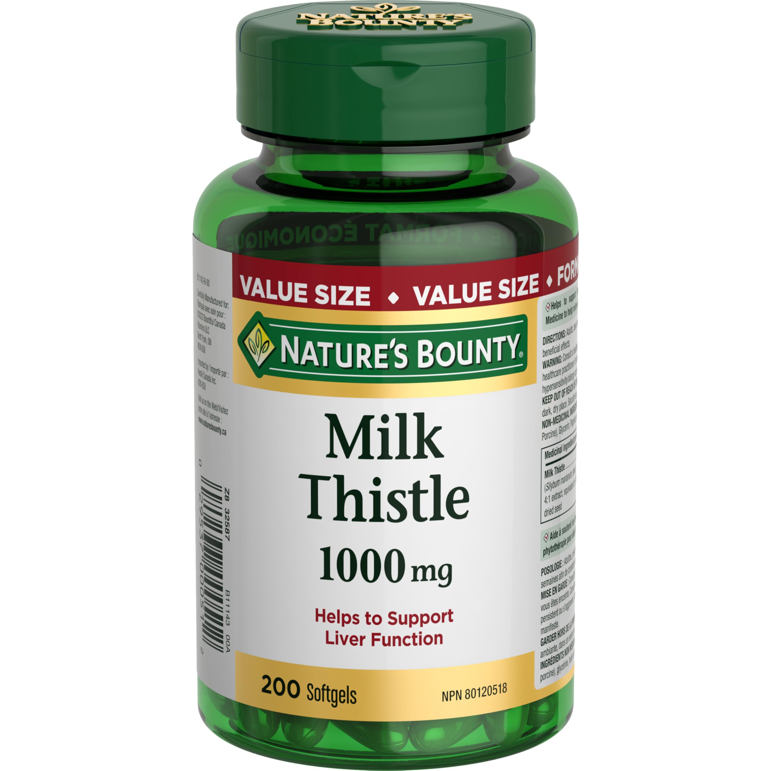 Nature's Bounty Milk Thistle bottle front showing value size may support liver function.