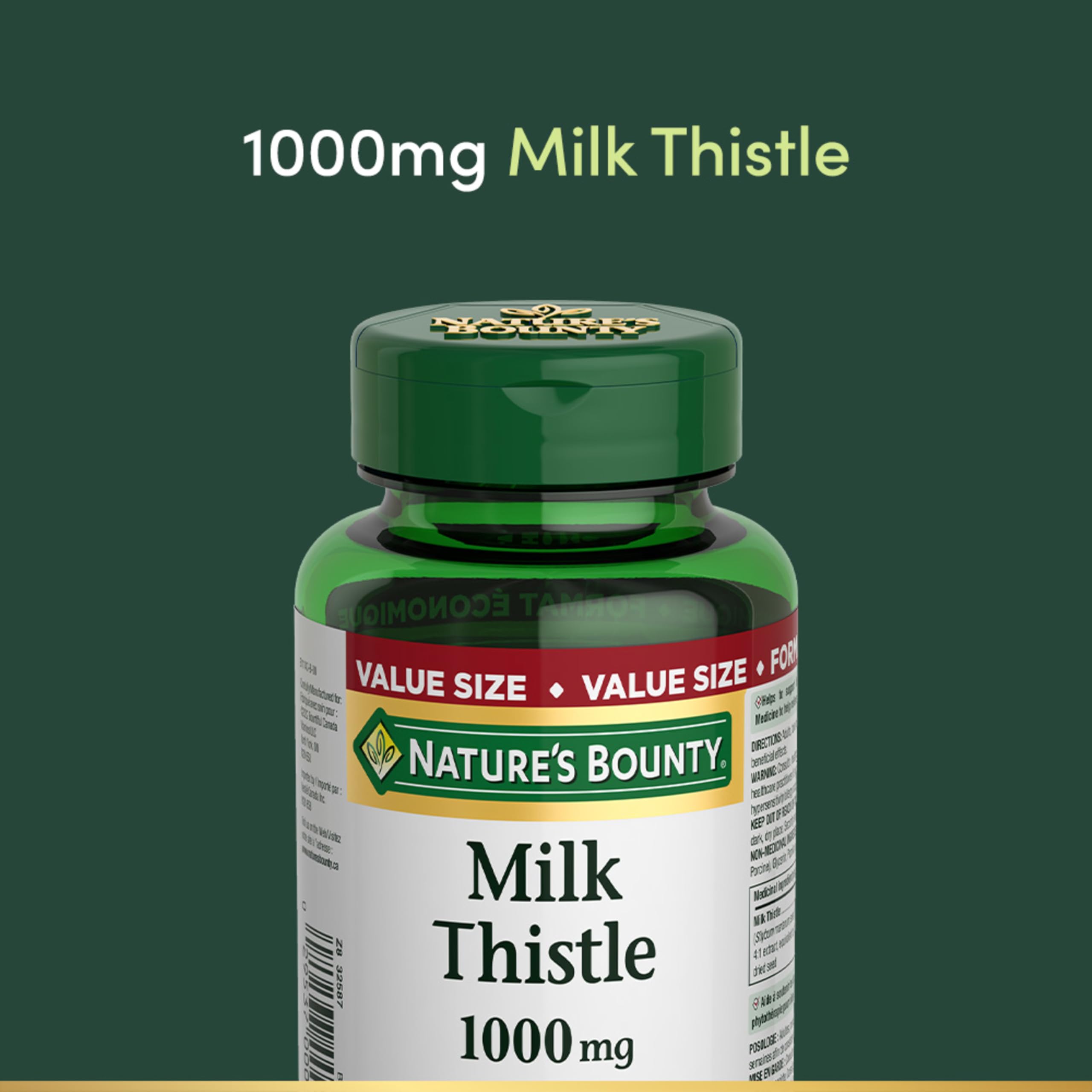 Nature's Bounty Milk Thistle lifestyle shot on kitchen counter suggests routine use.