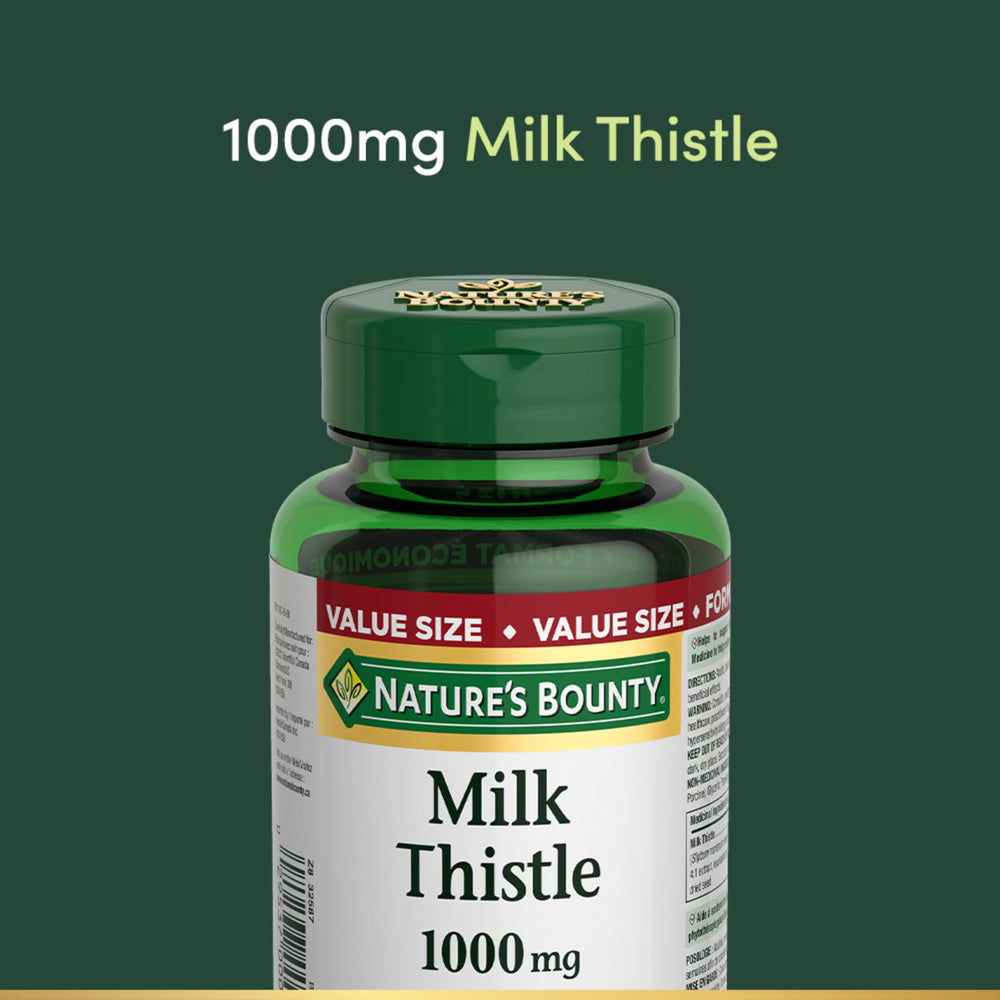 Nature's Bounty Milk Thistle lifestyle shot on kitchen counter suggests routine use.