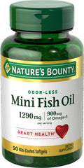 Nature's Bounty Mini Fish Oil bottle front promotes burpless heart health support.
