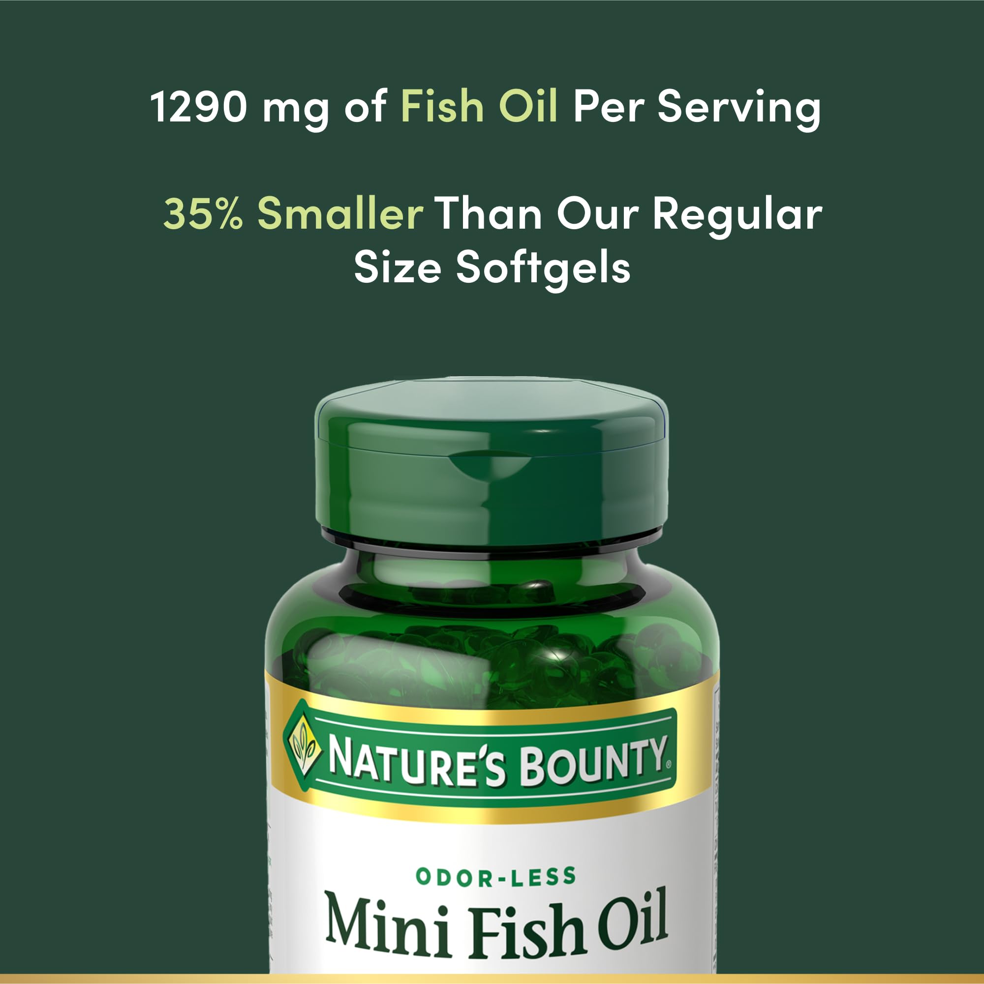 Close-up of coated mini softgels for easy swallowing from Nature's Bounty.