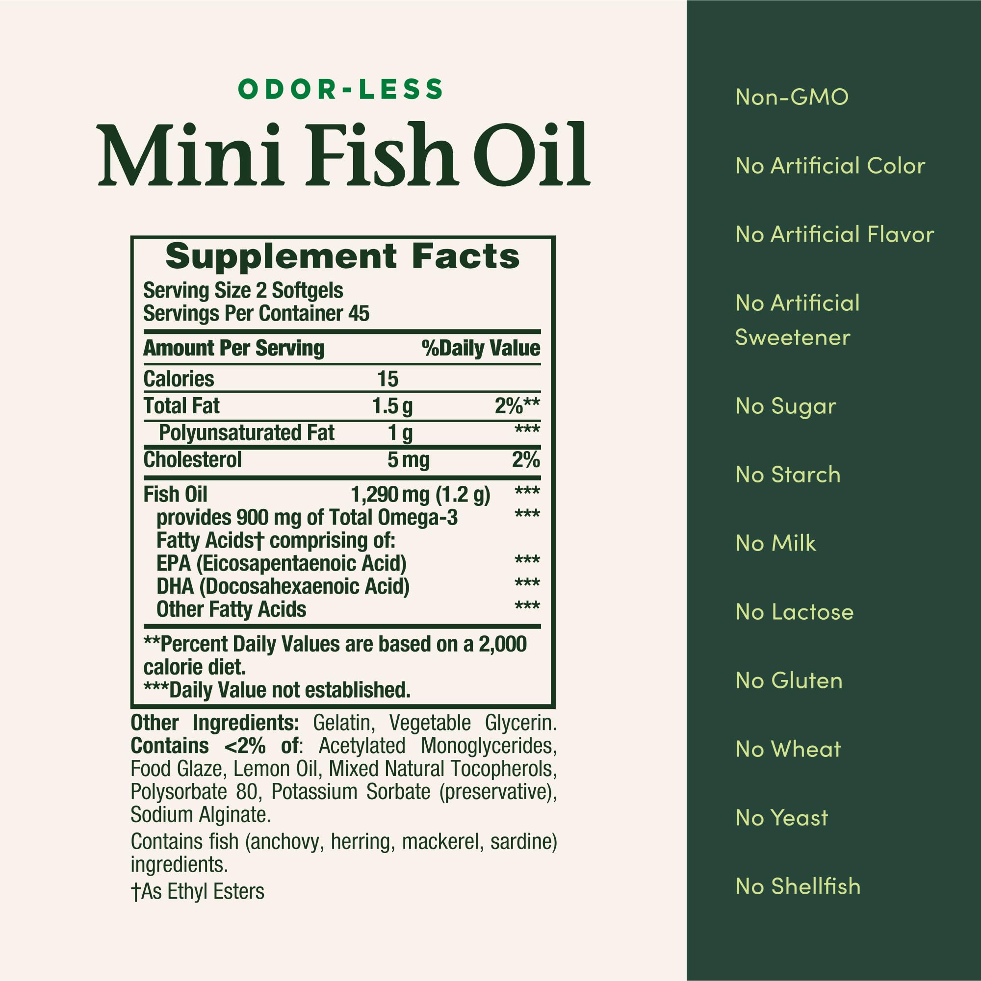 Purified mercury-free label on Nature's Bounty Mini Fish Oil Softgels.