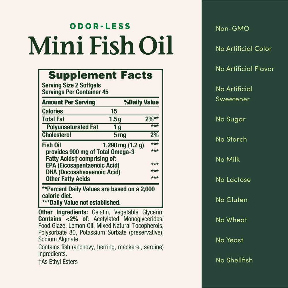 Purified mercury-free label on Nature's Bounty Mini Fish Oil Softgels.