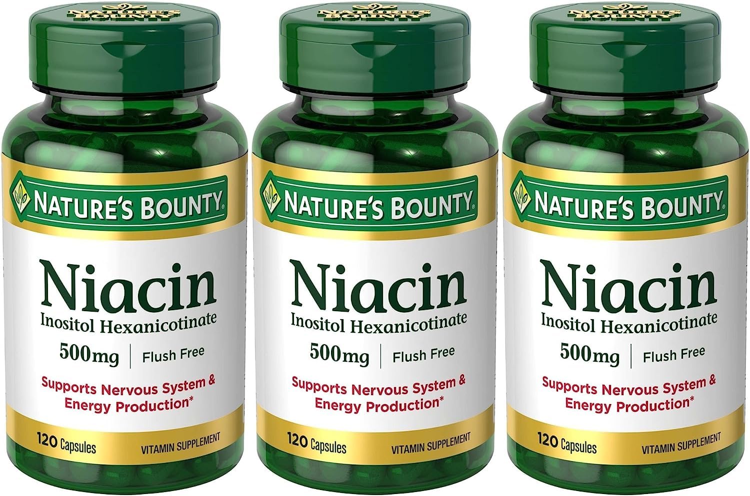 Nature's Bounty Niacin 500 mg bottle front view with capsules.