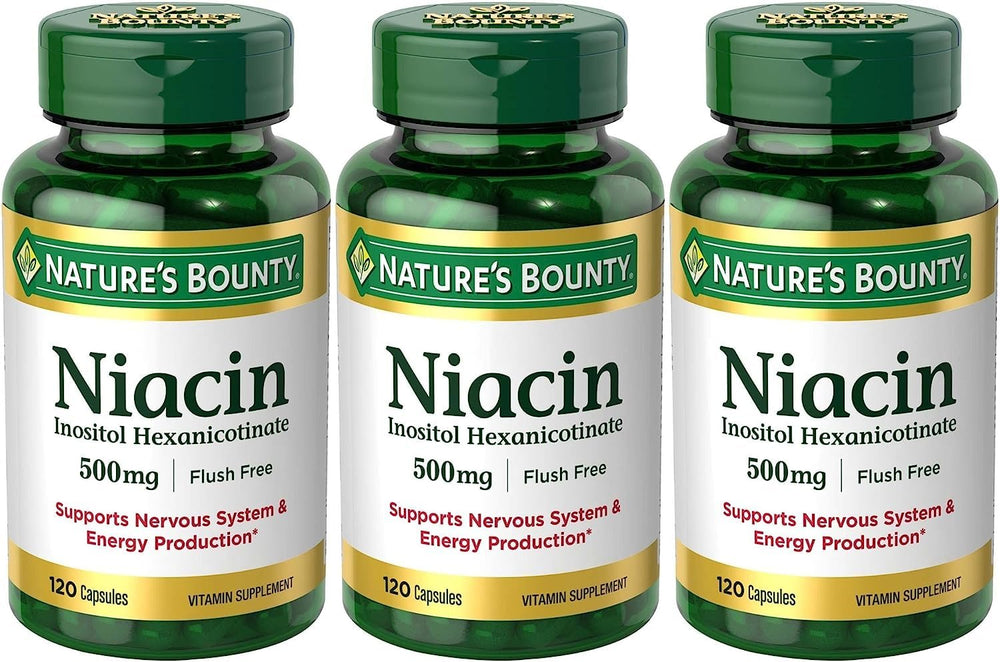 Nature's Bounty Niacin 500 mg bottle front view with capsules.