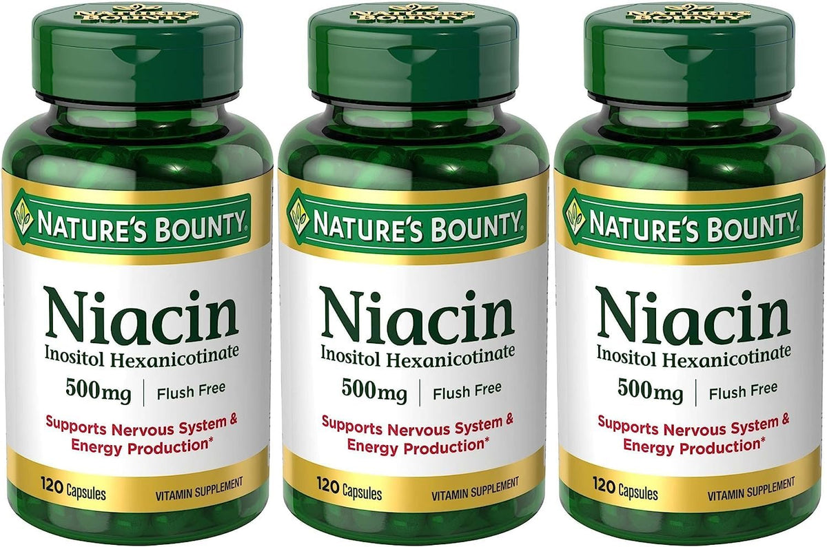 Nature's Bounty Niacin 500 mg bottle front view with capsules.