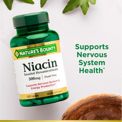 Nature's Bounty Niacin 500 mg label close-up showing product details.