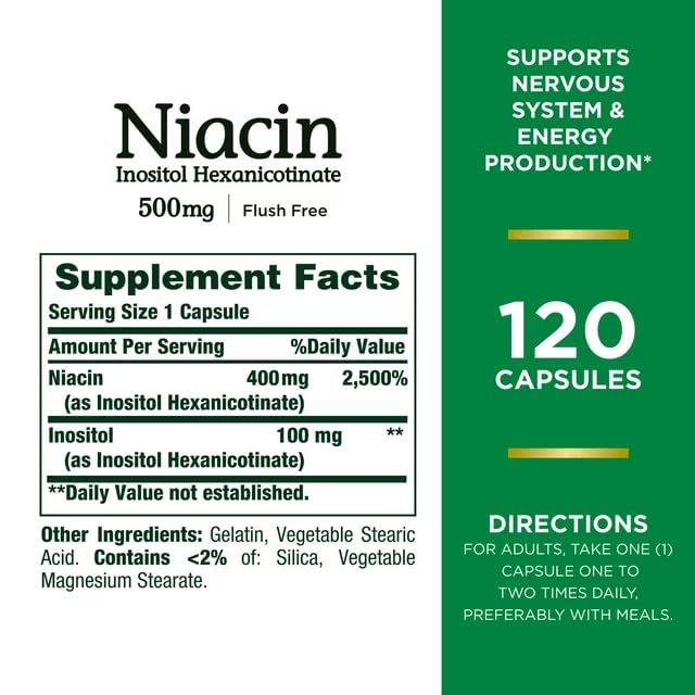 Close-up of Nature's Bounty niacin capsules emphasizing 240-count packaging.