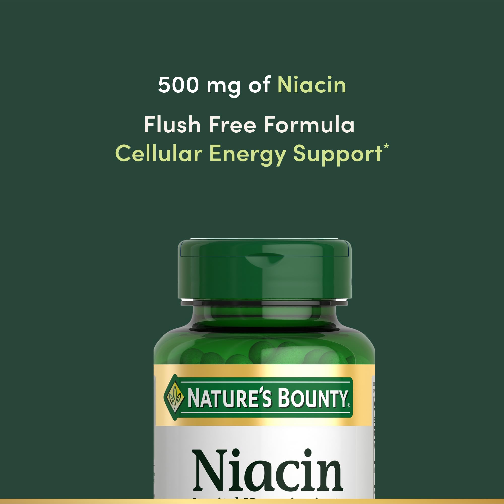 Nature's Bounty Niacin flush-free formula label highlights benefits.