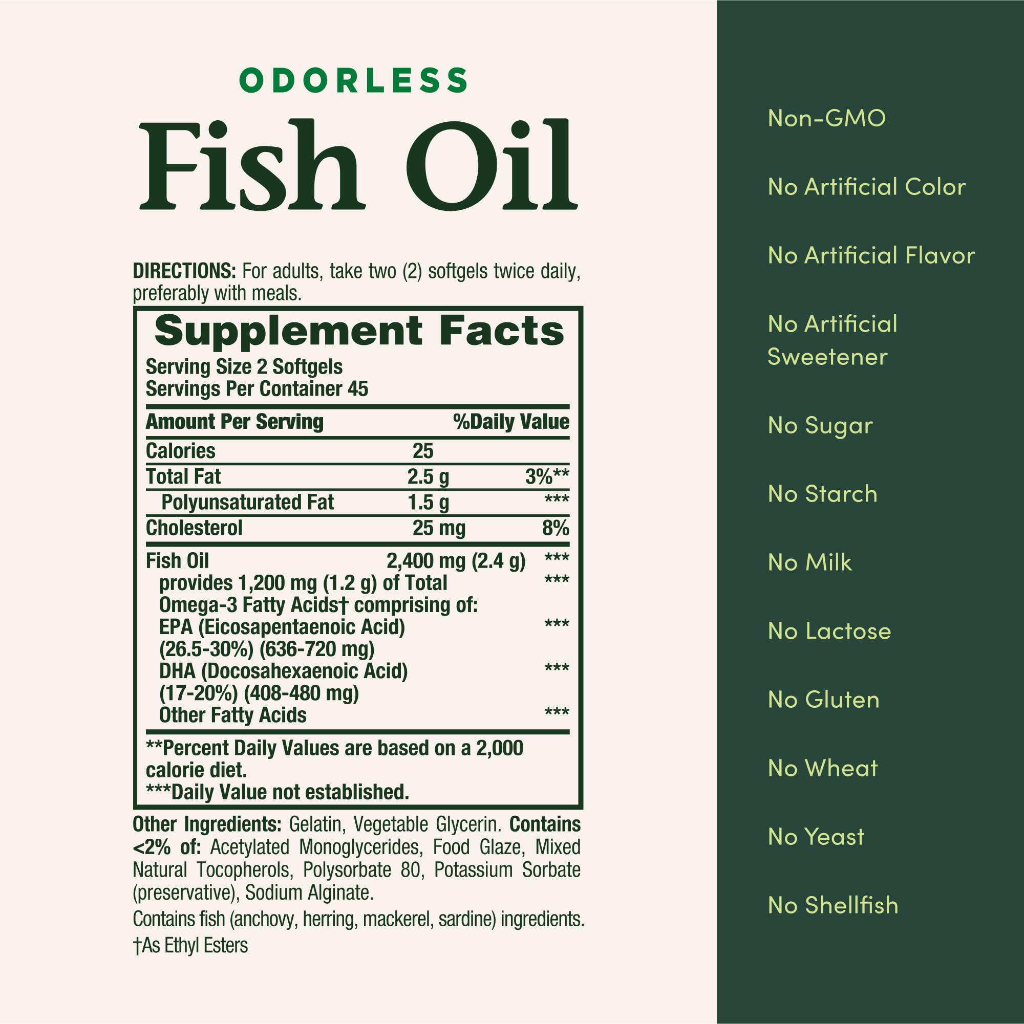 Nature's Bounty Odorless Fish Oil gluten-free and non-GMO formula supports dietary preferences.