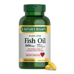 Nature's Bounty odorless fish oil softgels bottle, odor-free for easy swallowing.