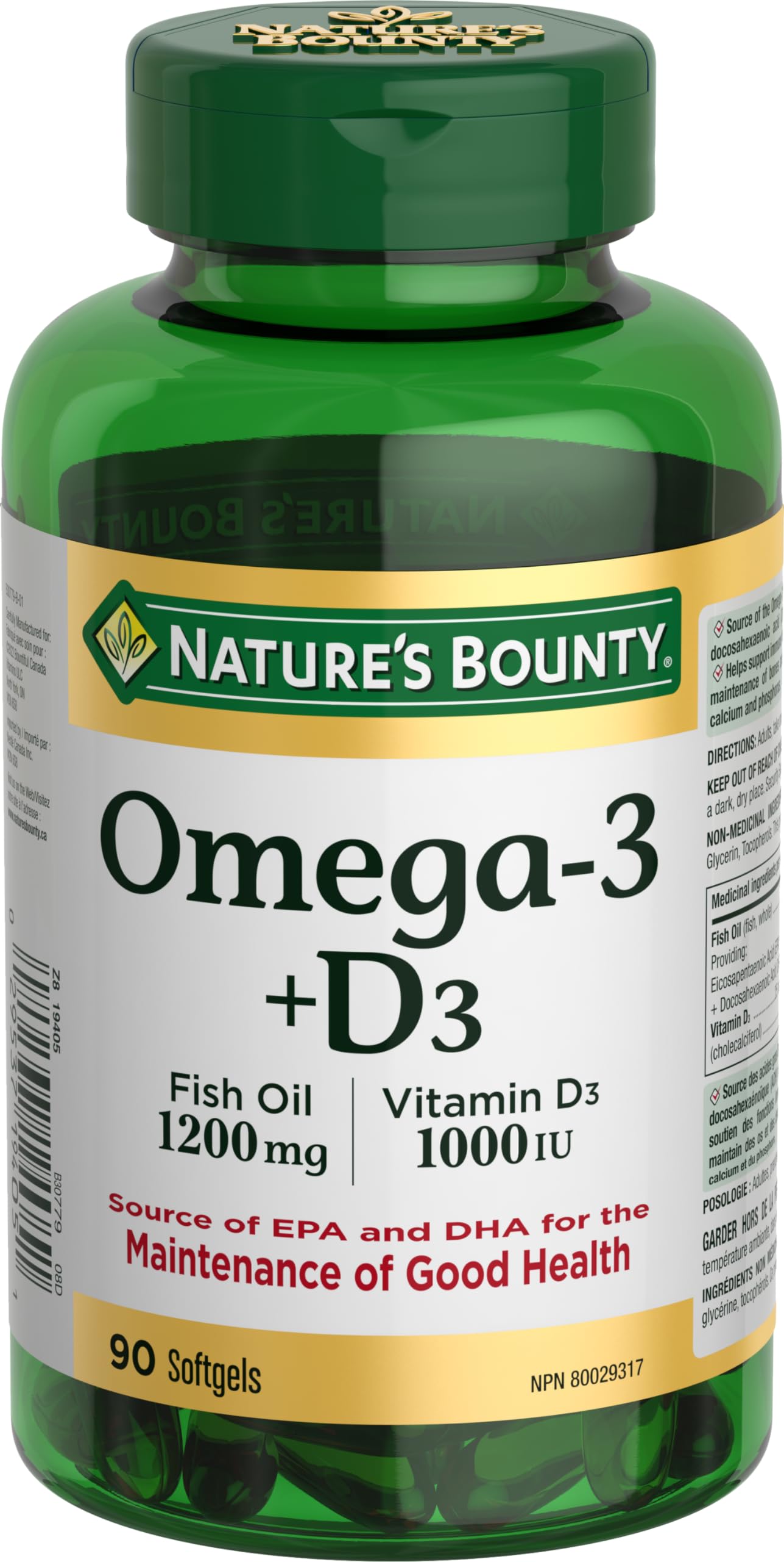 Nature's Bounty Omega-3 + D3 softgels bottle front for daily wellness
