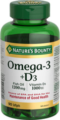 Nature's Bounty Omega-3 + D3 softgels bottle front for daily wellness