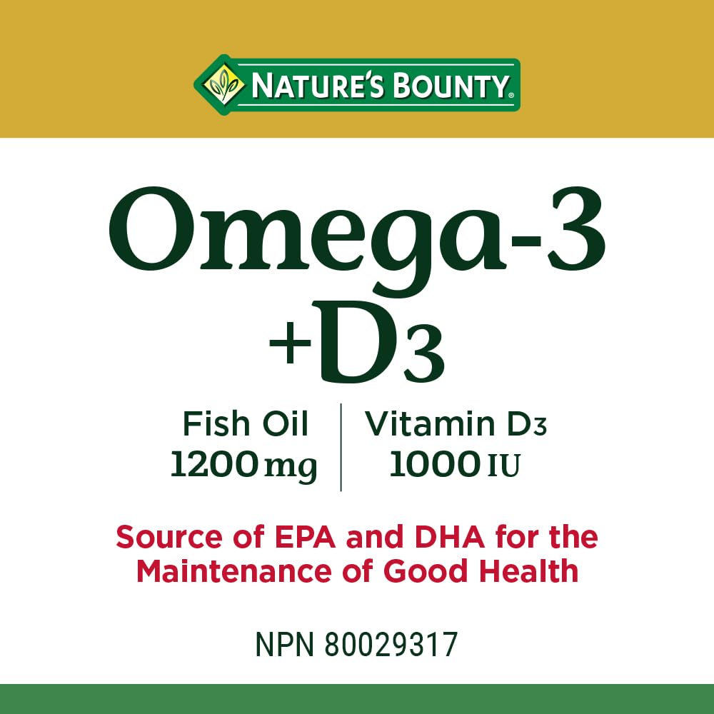 Nature's Bounty Omega-3 + D3 softgels being poured for easy dosing
