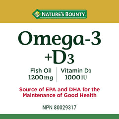 Nature's Bounty Omega-3 + D3 softgels being poured for easy dosing