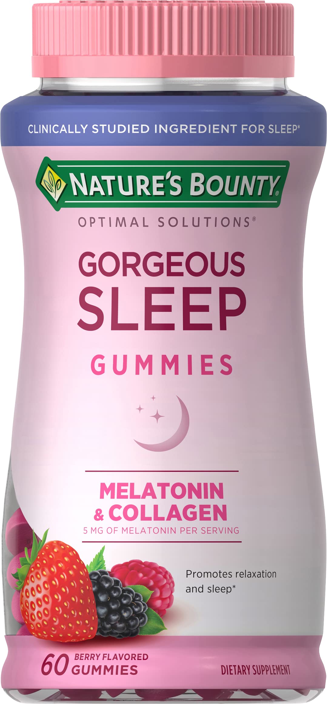 Nature's Bounty Gorgeous Sleep Gummies bottle highlights melatonin for restful nights.