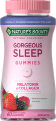 Nature's Bounty Gorgeous Sleep Gummies bottle highlights melatonin for restful nights.