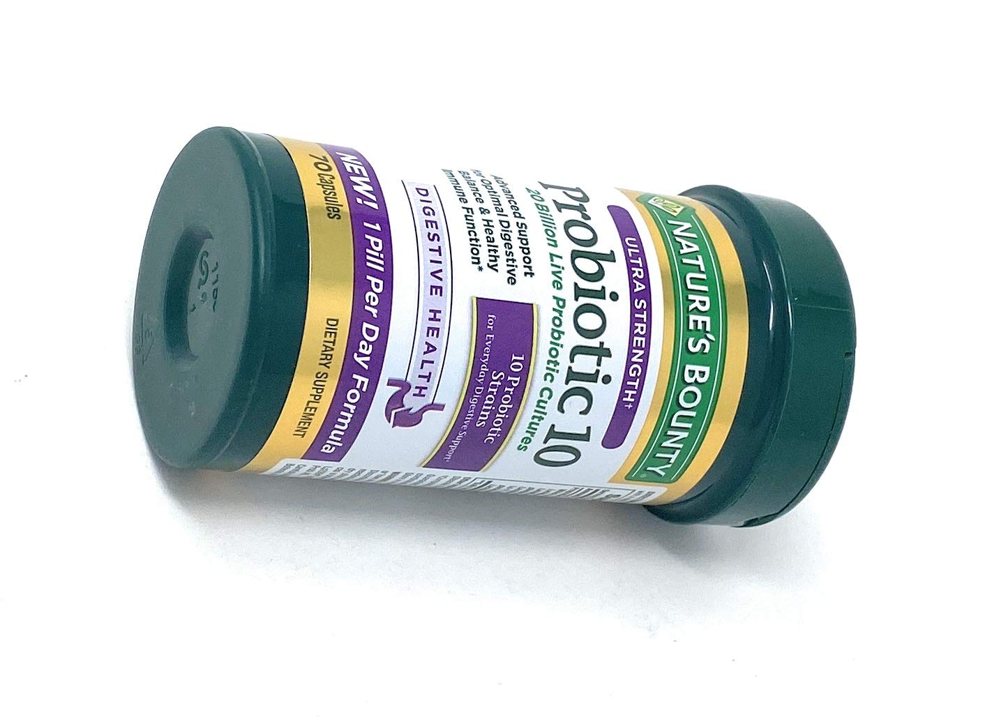 Nature's Bounty Probiotic 10 bottle top emphasizing capsule-based daily intake.