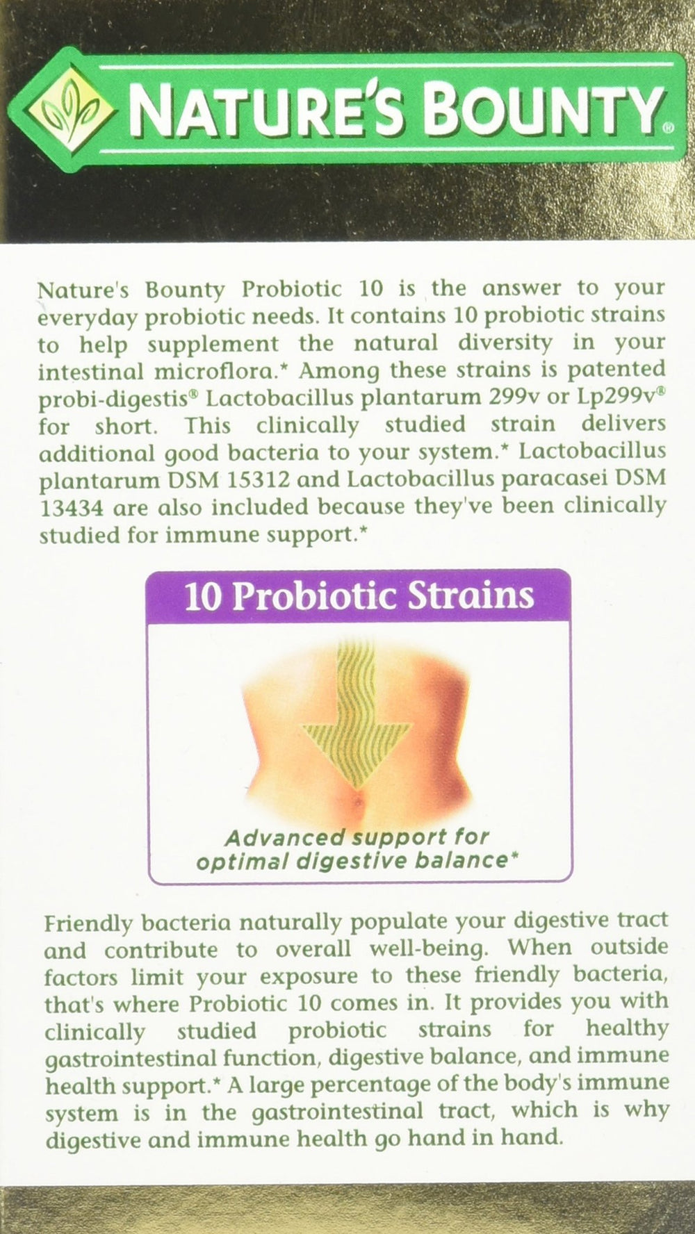 Nature's Bounty Probiotic 10 capsules close-up promotes convenient daily use.