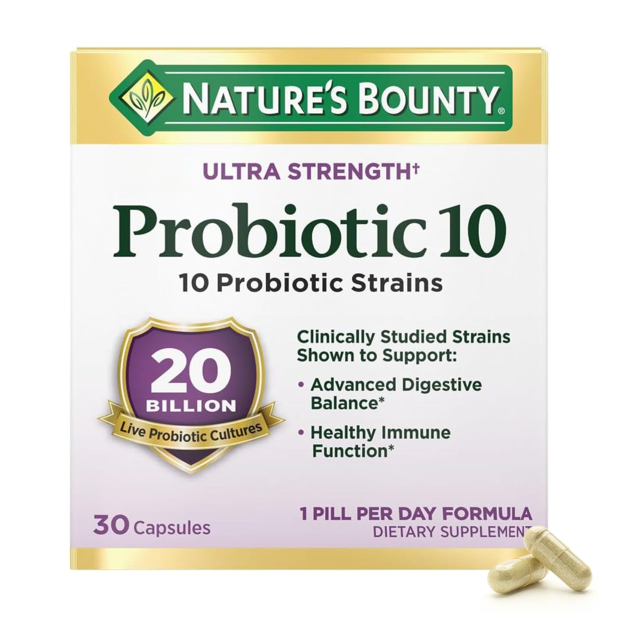 Nature's Bounty Probiotic 10 daily bottle ready for everyday use to support digestion.