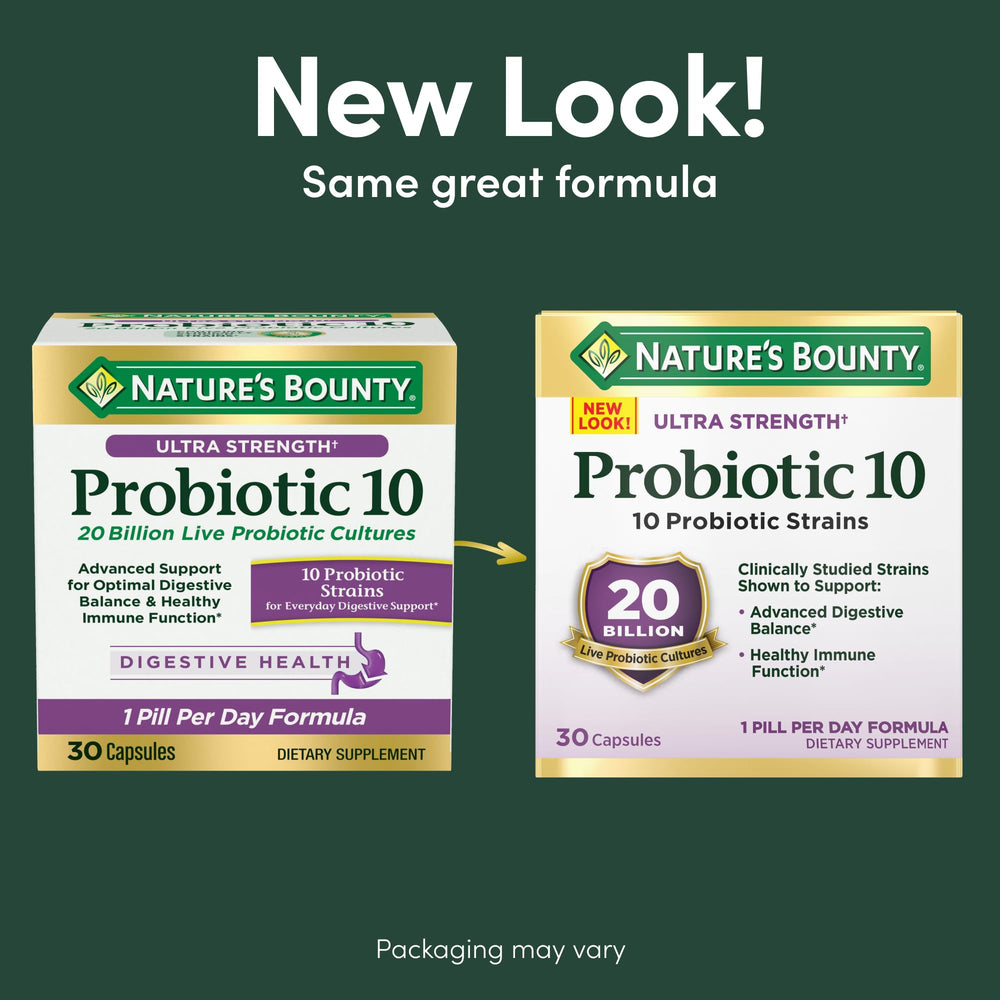 Nature's Bounty Probiotic 10 capsules shown for daily gut support.
