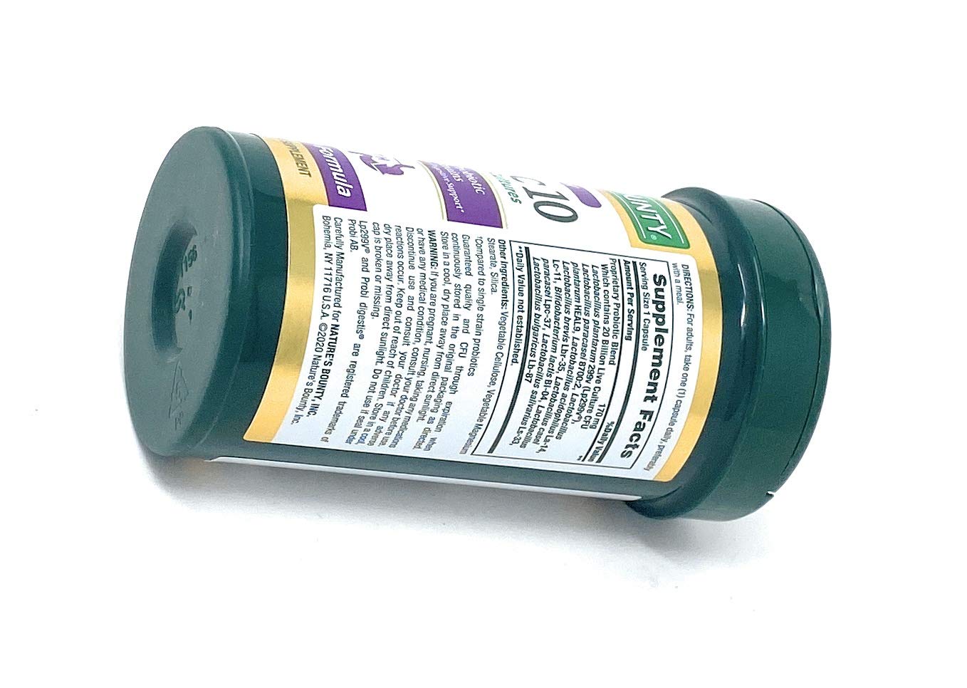Nature's Bounty Probiotic 10 on grocery shelf implying convenient daily use.