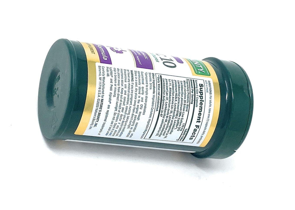Nature's Bounty Probiotic 10 on grocery shelf implying convenient daily use.