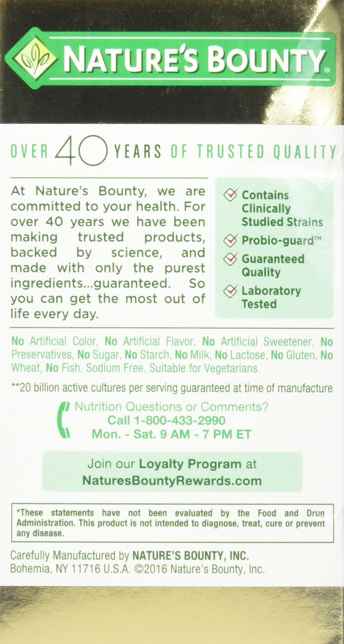 Nature's Bounty Probiotic 10 label and box details.