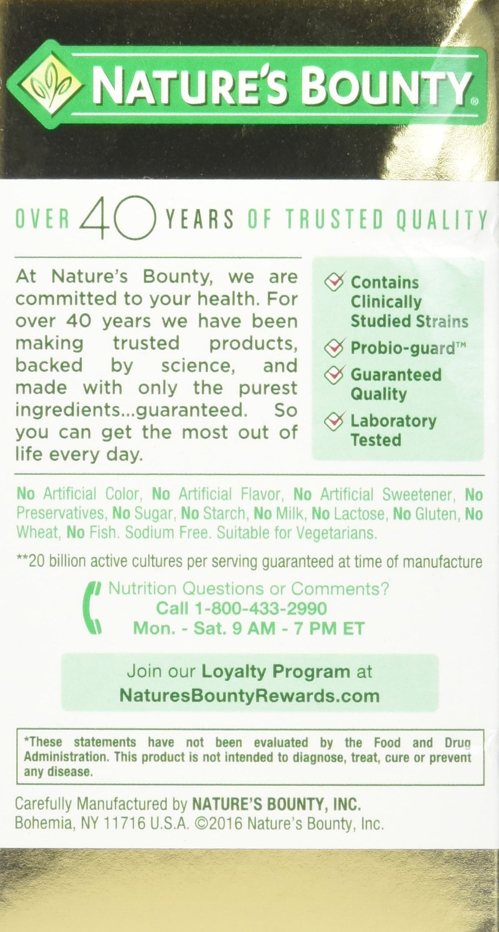 Nature's Bounty Probiotic 10 label and box details.