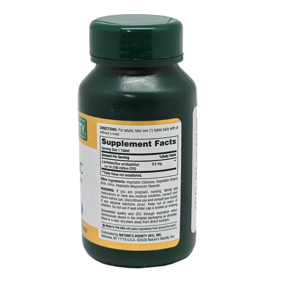 Nature's Bounty probiotic acidophilus tablets, bottle closeup, easy daily source of beneficial bacteria