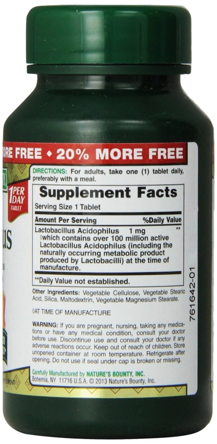 Nature's Bounty probiotic tablets closeup emphasizes clean, allergen-free formula.