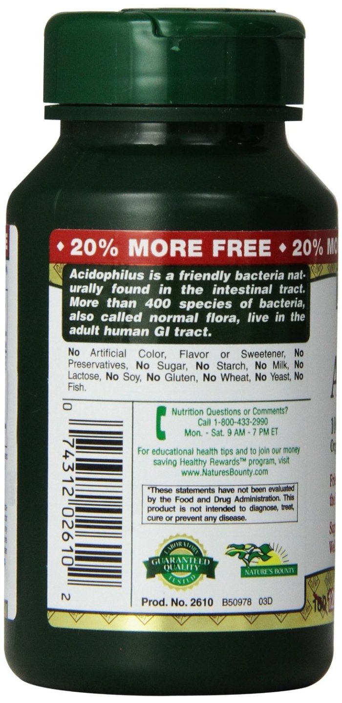 Nature's Bounty probiotic bottle label closeup showing 120-count packaging.