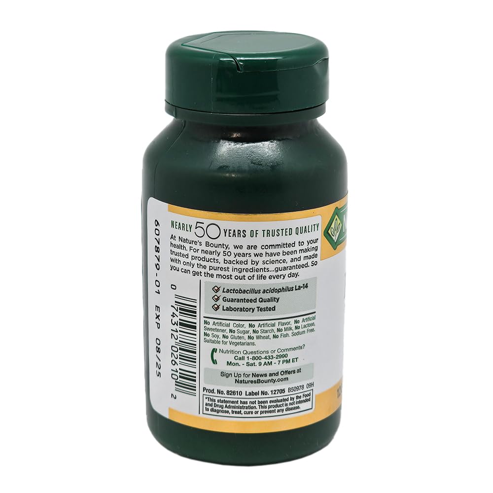Nature's Bounty probiotic acidophilus tablets, label ingredients, trusted probiotic option for gut support