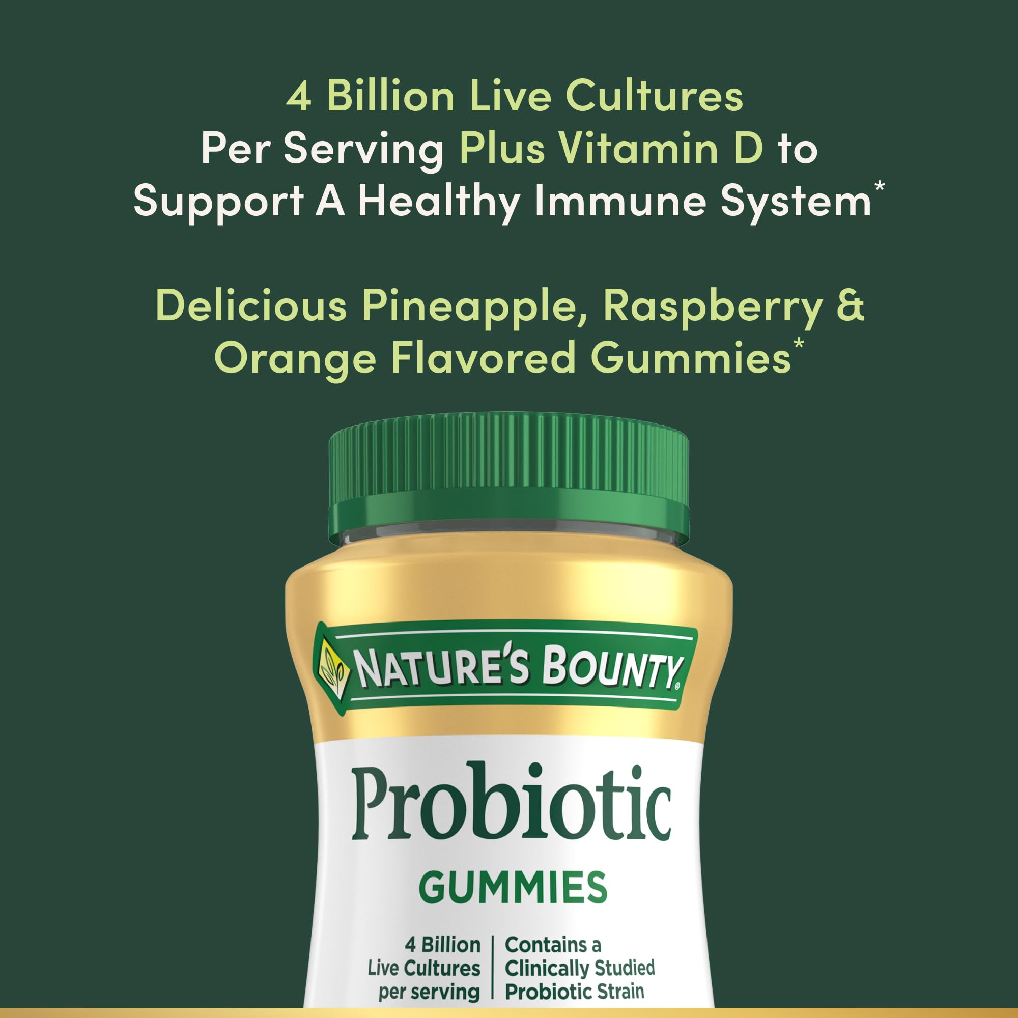 Nature's Bounty Probiotic Gummies flavors trio image emphasizes tasty taste and digestive balance.