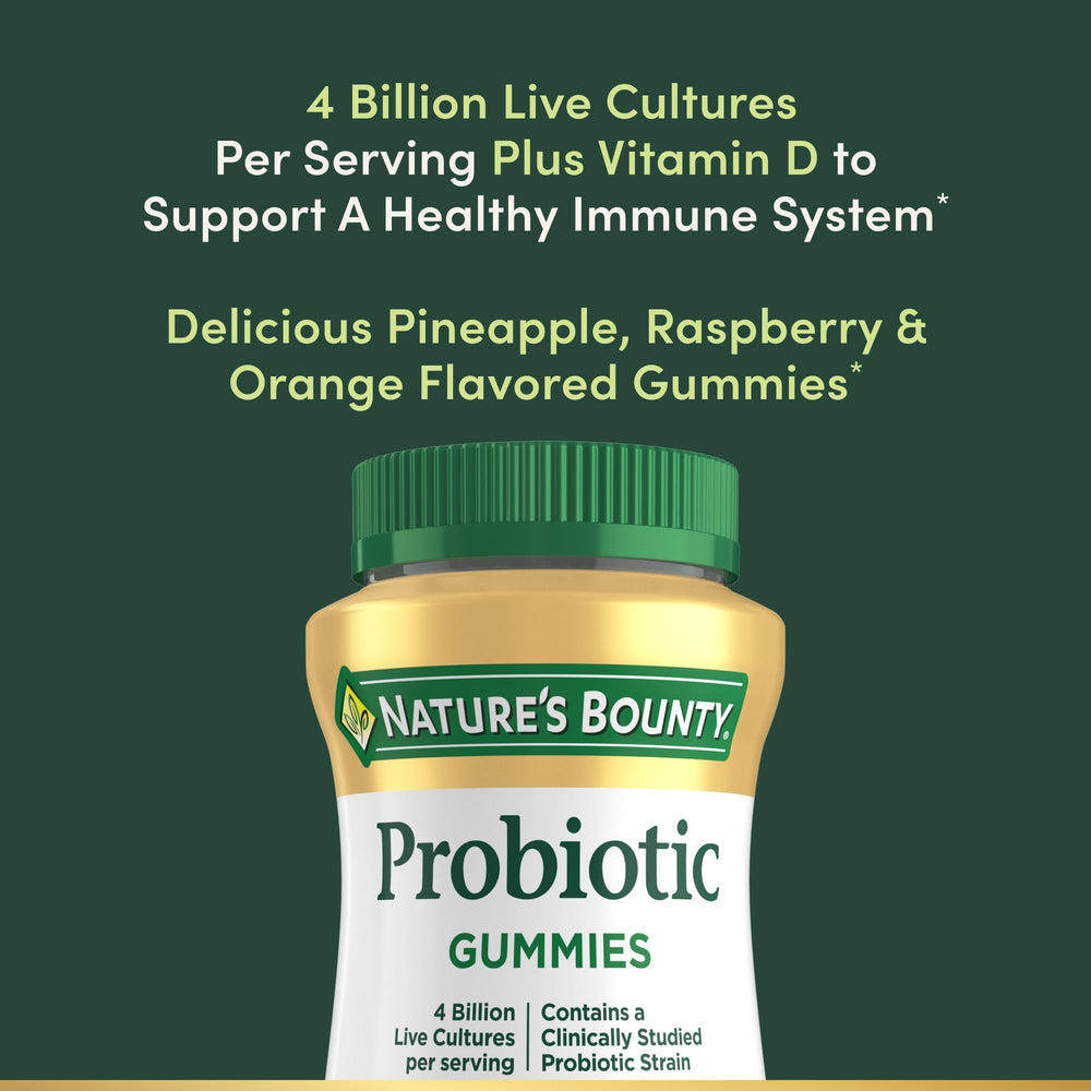 Nature's Bounty Probiotic Gummies flavors trio image emphasizes tasty taste and digestive balance.