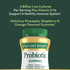 Nature's Bounty Probiotic Gummies flavors trio image emphasizes tasty taste and digestive balance.