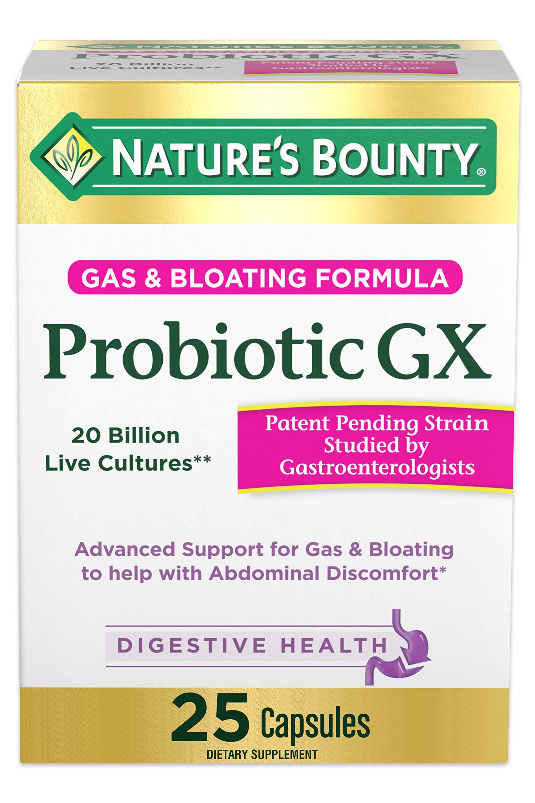 Nature's Bounty Probiotic GX bottle front showing product name and trust marks for digestive support
