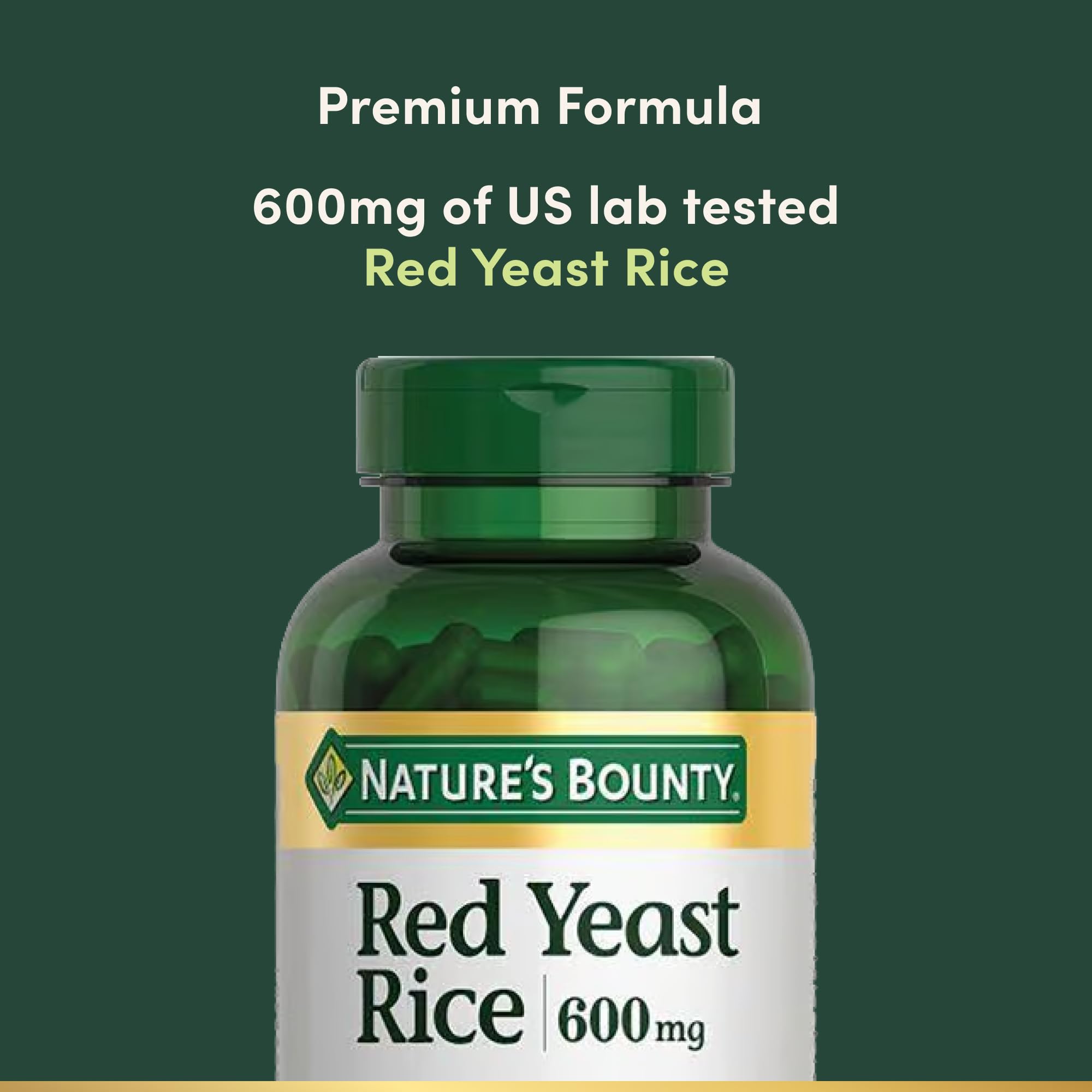 Nature's Bounty Red Yeast Rice label design highlighting non-GMO and gluten-free features
