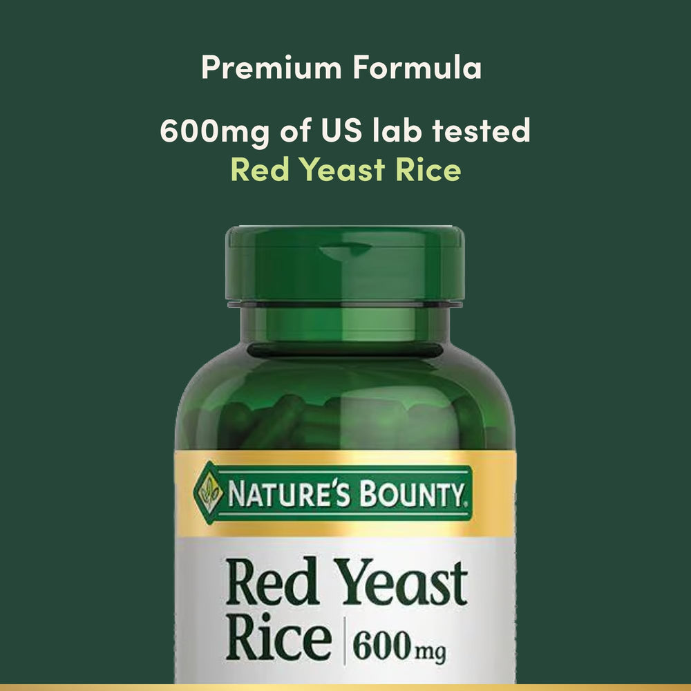 Nature's Bounty Red Yeast Rice label design highlighting non-GMO and gluten-free features