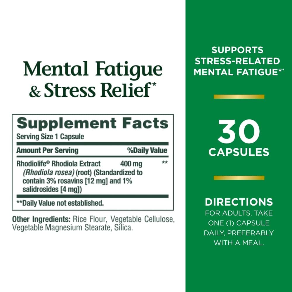 Nature's Bounty Rhodiolife 400 mg capsules for stress management and focus.