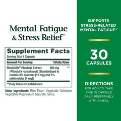Nature's Bounty Rhodiolife 400 mg capsules for stress management and focus.