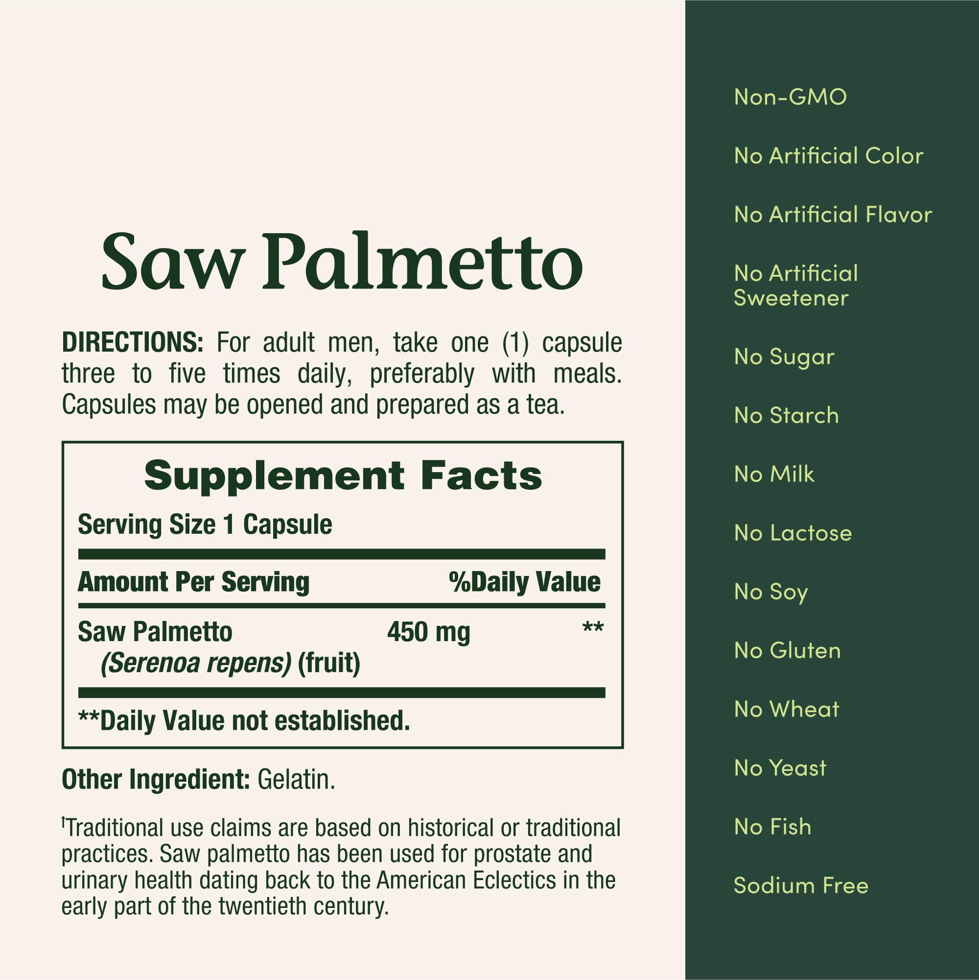 100-capsule Nature's Bounty Saw Palmetto bottle shown for convenience