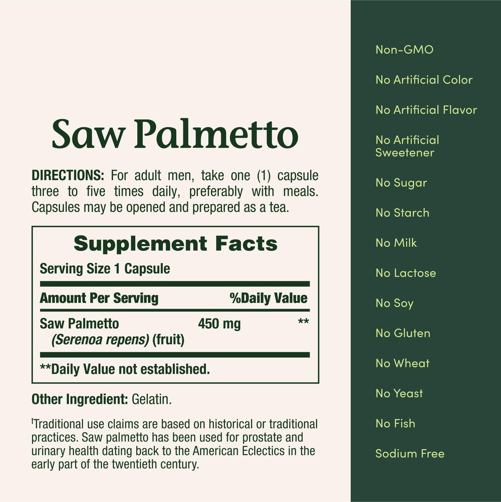 100-capsule Nature's Bounty Saw Palmetto bottle shown for convenience