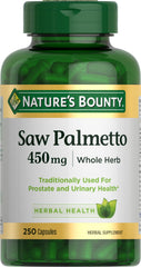 Nature's Bounty Saw Palmetto 450 mg bottle pouring capsules for urinary support