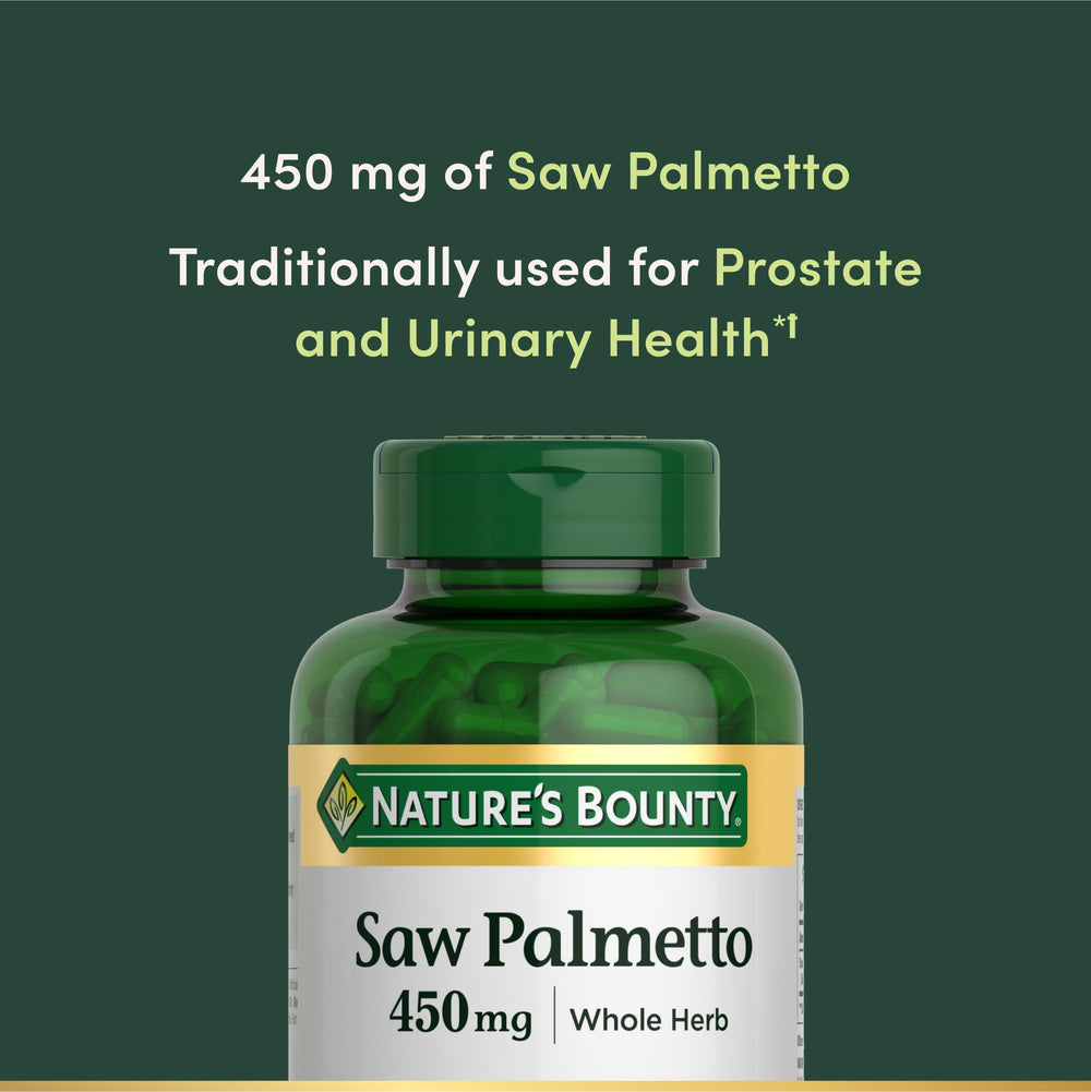 Nature's Bounty Saw Palmetto 450 mg box front showing traditional herbal health