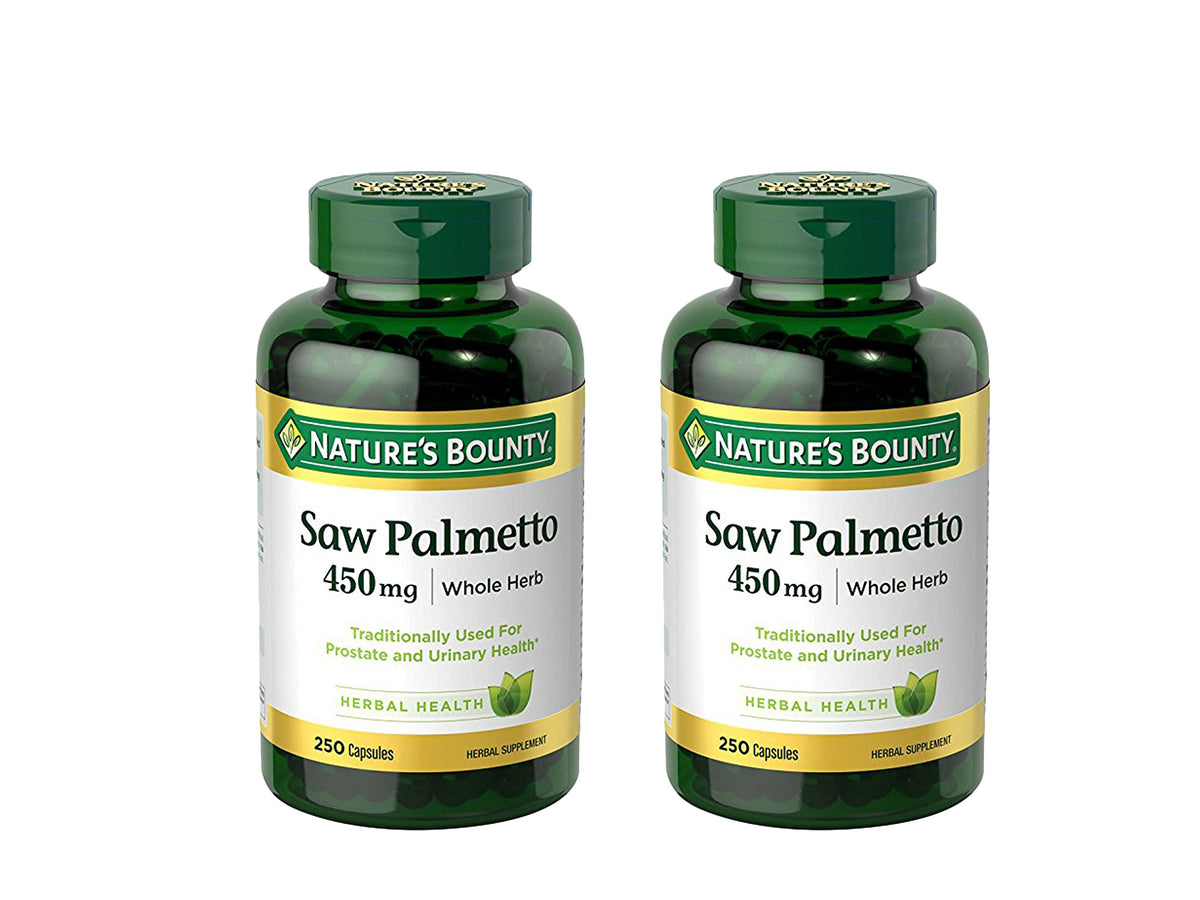 Nature's Bounty Saw Palmetto bottle with 450 mg capsules for traditional urinary health.