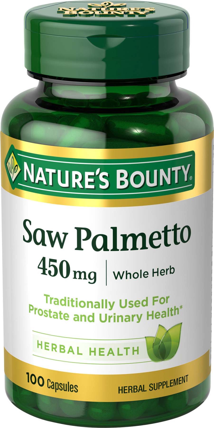 Nature's Bounty Saw Palmetto capsules close-up for daily prostate support