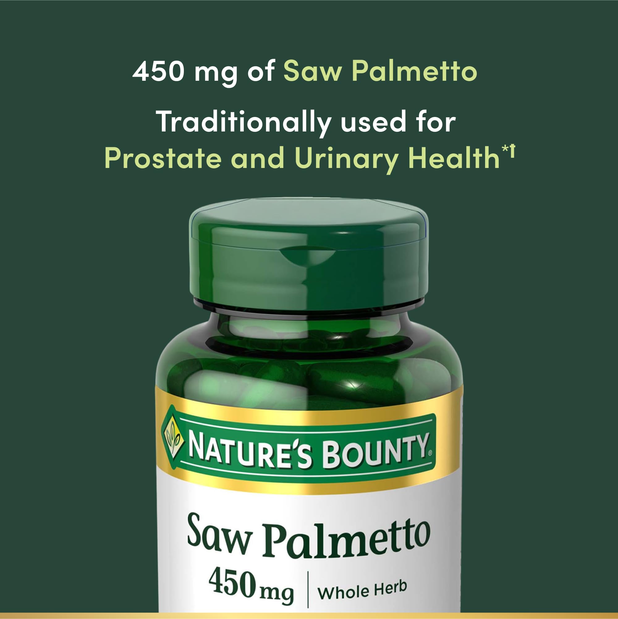 Nature's Bounty Saw Palmetto capsules taken with meals for routine use